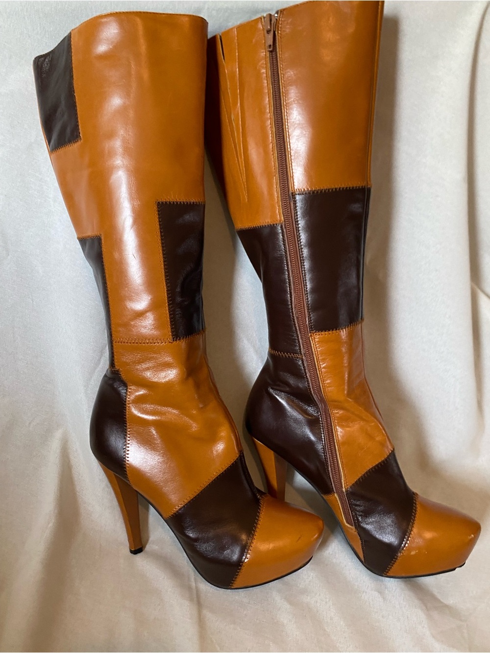 N.Y.L.A. Two-Tone Tan and Dark Brown High-Heel Knee Boot